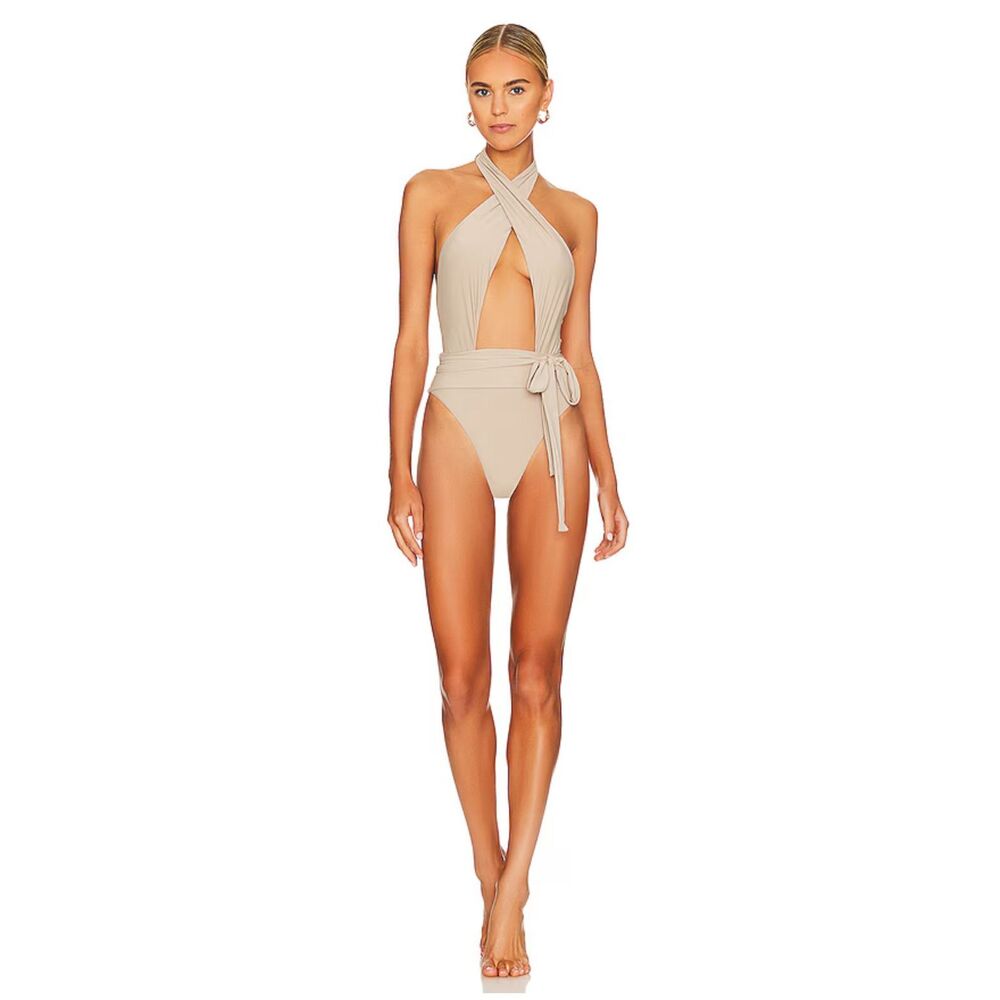 PQ Swim Women's L Alex One Piece Halter Cutout Swimsuit Oyster Beige Trendy New